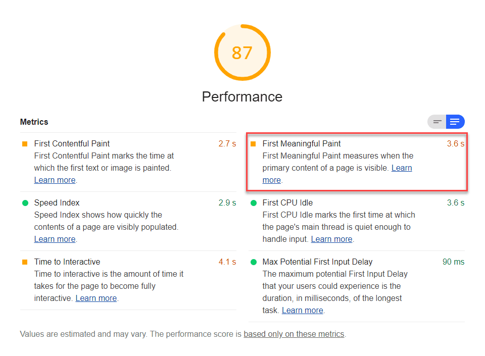 Screenshot des Lighthouse-Audits „First Meaningful Paint“