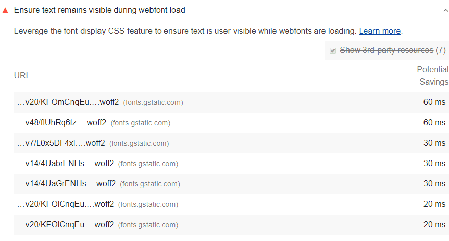 Lighthouse के 'वेबफ़ॉन्ट लोड होने के दौरान, यह पक्का करें कि टेक्स्ट दिखता रहे' ऑडिट का स्क्रीनशॉट