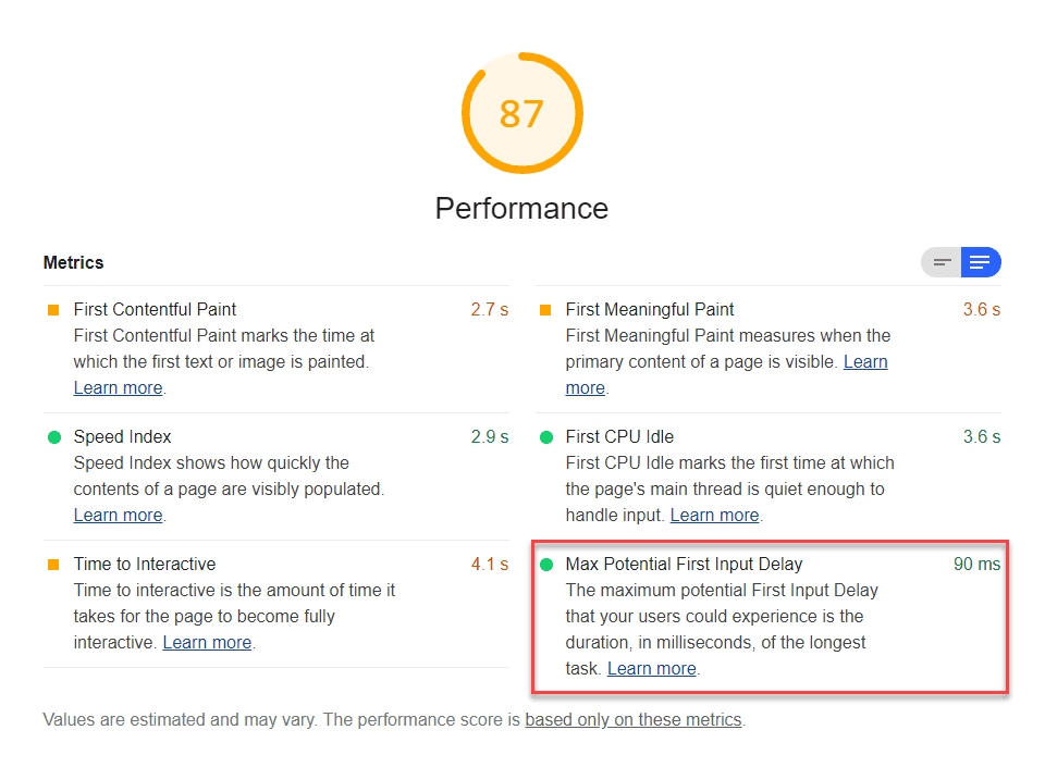 Lighthouse Max Potential First Input Delay denetiminin ekran görüntüsü.