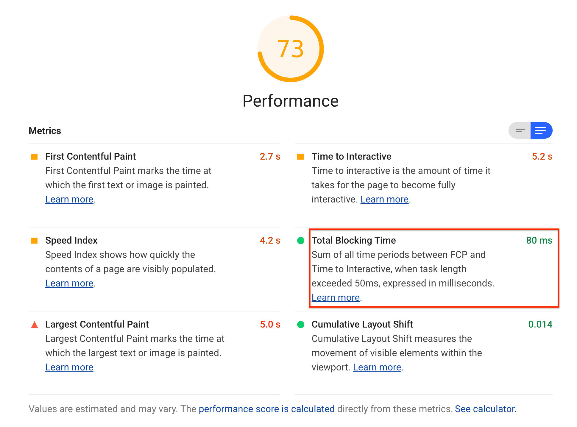 Capture d&#39;écran de l&#39;audit &quot;Total Blocking Time&quot; de Lighthouse