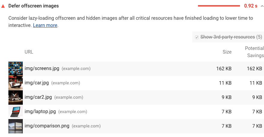 Zrzut ekranu audytu Lighthouse Odrocz ładowanie obrazów poza ekranem