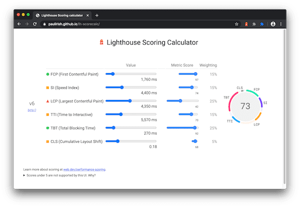webapp da calculadora de pontuação do Lighthouse