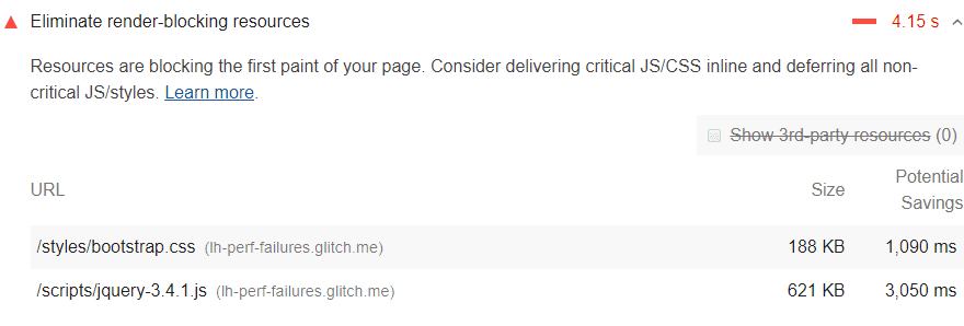 Zrzut ekranu z audytem Lighthouse Eliminate render-blocking resources