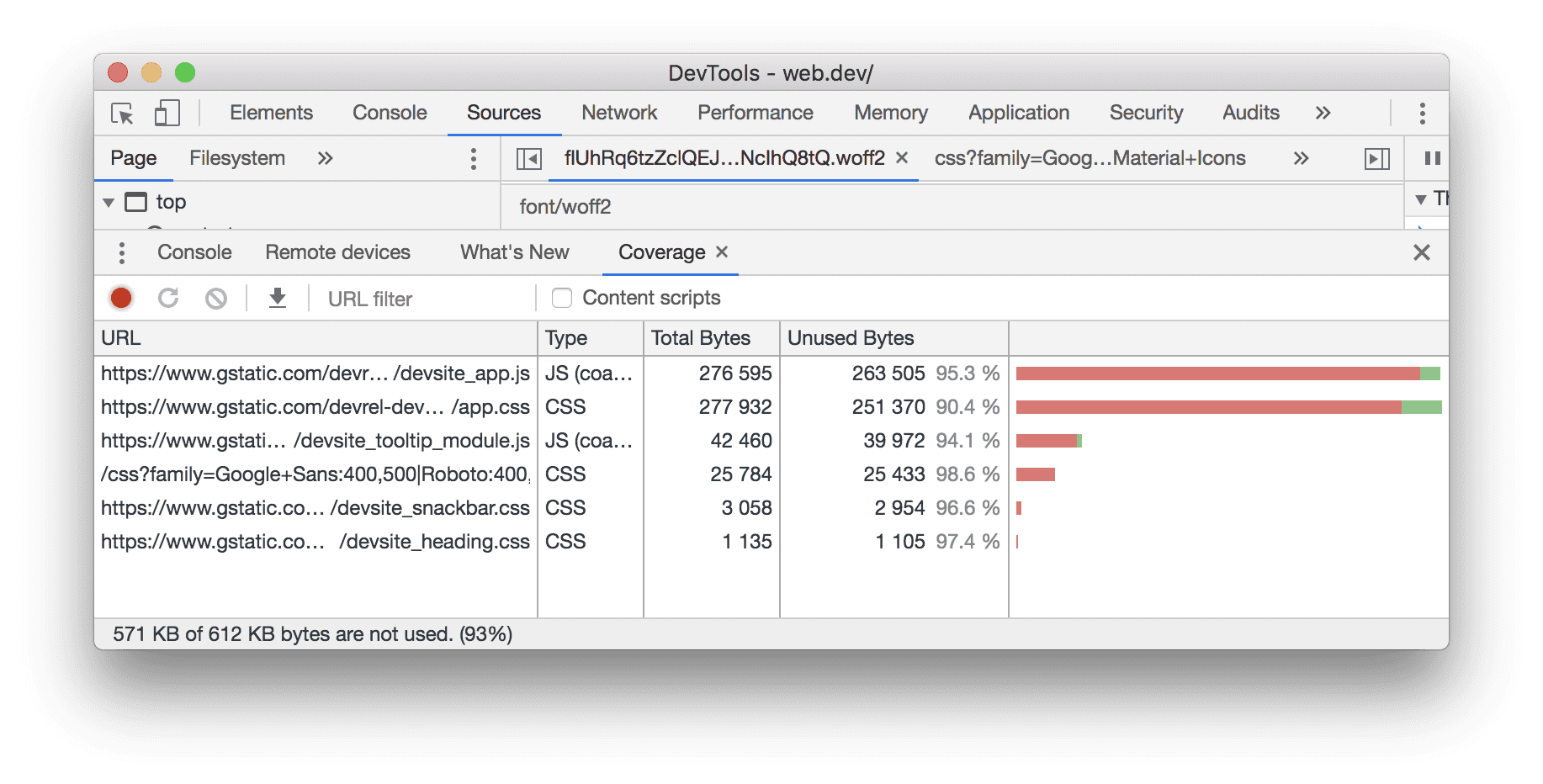 Chrome DevTools: Coverage tab