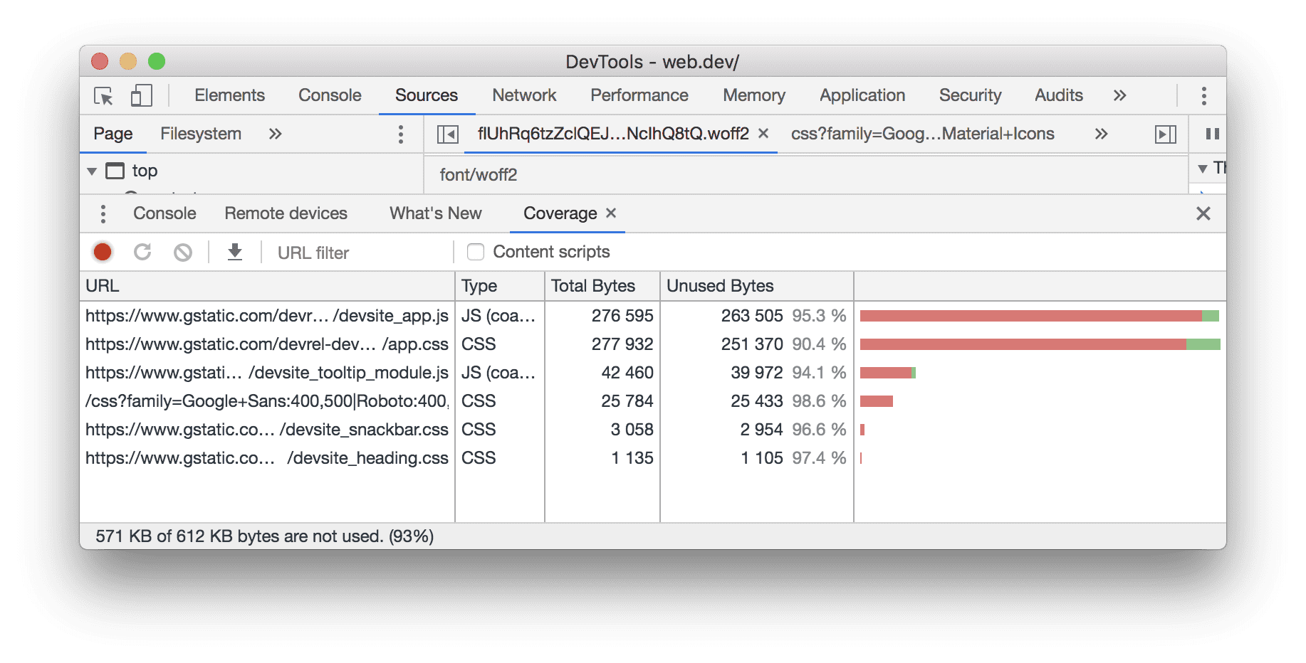 "أدوات مطوّري البرامج في Chrome": علامة التبويب "التغطية"