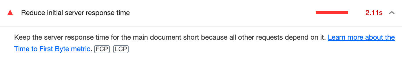 Lighthouse の「サーバー応答時間が短い」監査のスクリーンショット