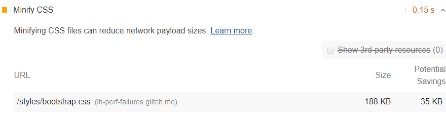 Lighthouse Minify CSS অডিটের একটি স্ক্রিনশট