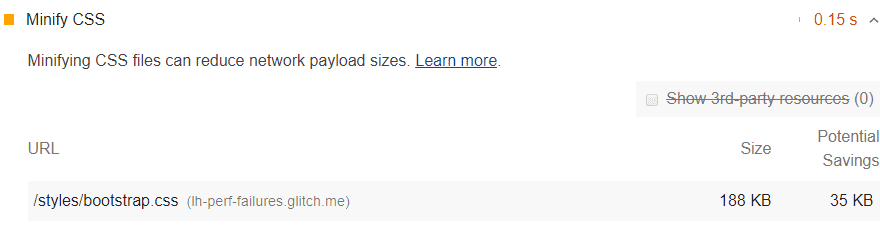 Lighthouse के 'सीएसएस फ़ाइलों का साइज़ कम करना' ऑडिट का स्क्रीनशॉट