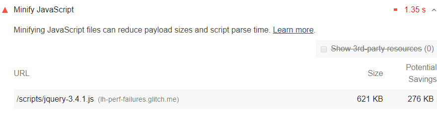 Capture d&#39;écran de l&#39;audit JavaScript de minimisation de Lighthouse