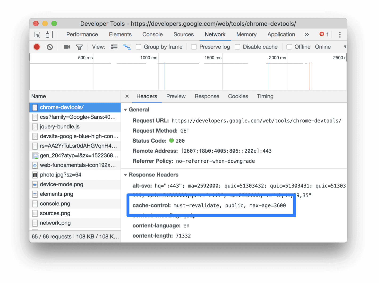 Проверка заголовка Cache-Control на вкладке «Заголовки»