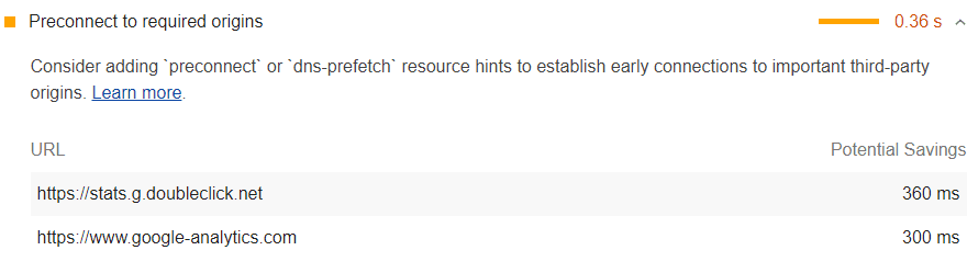 Captura de pantalla de la auditoría de conexión previa a los orígenes necesarios de Lighthouse