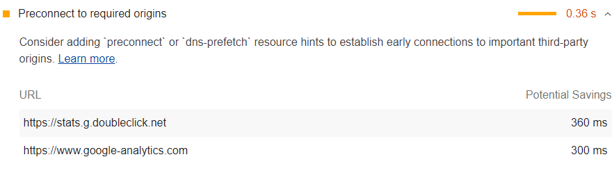 Screenshot del controllo Preconnect to required origins di Lighthouse