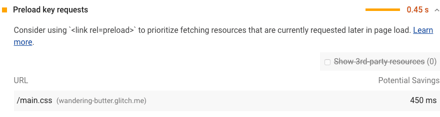 Uno screenshot del controllo Lighthouse Preload key requests