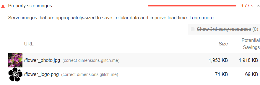 A screenshot of the Lighthouse Properly size images audit