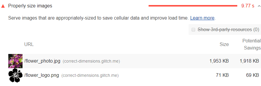 لقطة شاشة لعملية التدقيق "تحديد الحجم المناسب للصور" في Lighthouse
