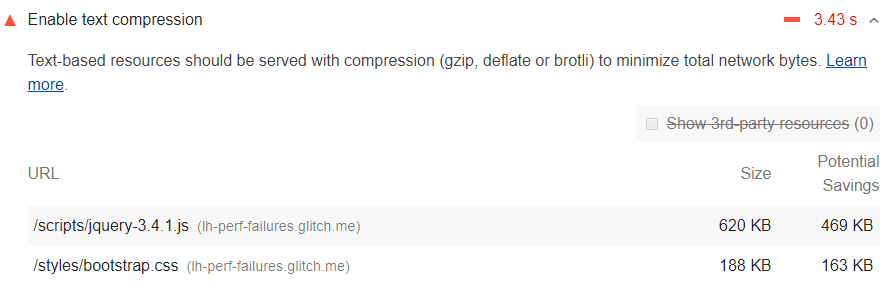 Uno screenshot dell&#39;opzione Abilita il controllo della compressione del testo di Lighthouse