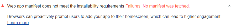 Lighthouse audit showing user can't install the web app from their home screen