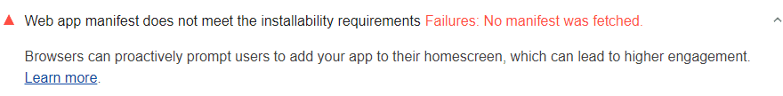 사용자가 홈 화면에서 웹 앱을 설치할 수 없음을 보여주는 Lighthouse 감사