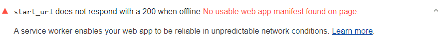 การตรวจสอบ Lighthouse แสดง URL เริ่มต้นไม่ตอบสนองด้วย 200 เมื่อออฟไลน์