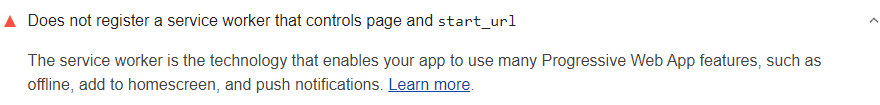 การตรวจสอบ Lighthouse ที่แสดงว่าเว็บไซต์ไม่ได้ลงทะเบียน Service Worker