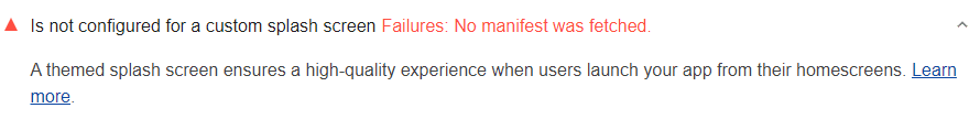 Lighthouse-audit waaruit blijkt dat de site niet is geconfigureerd voor een aangepast opstartscherm