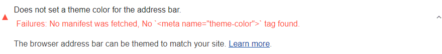 Audit de Lighthouse montrant que la barre d'adresse n'est pas associée aux couleurs de la page