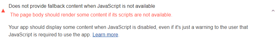 Bei der Lighthouse-Prüfung ergibt sich, dass die Seite bestimmte Inhalte nicht enthält, wenn JavaScript nicht verfügbar ist