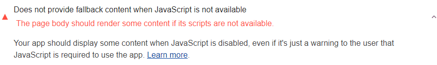 หน้าแสดงการตรวจสอบ Lighthouse ไม่มีเนื้อหาบางอย่างเมื่อ JS ไม่พร้อมใช้งาน