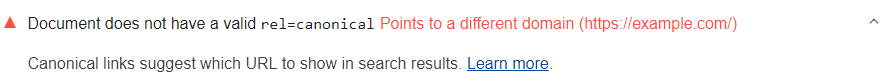 Lighthouse audit showing document with invalid canonical link