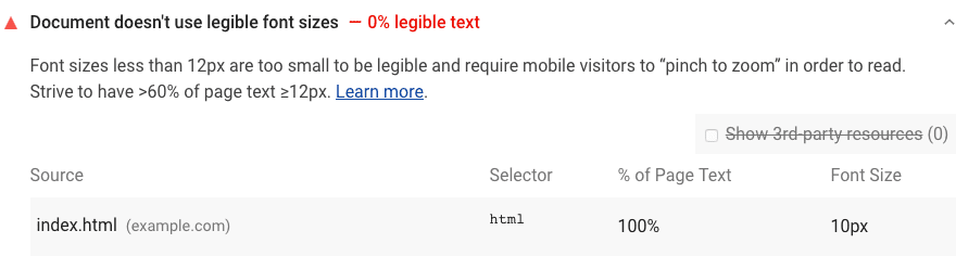 Lighthouse の監査結果で、ページのフォントサイズが判読できないことが示される
