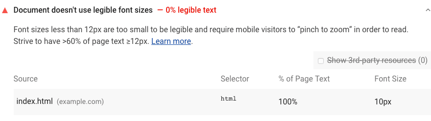 Lighthouse 監査で、ページのフォントサイズが判読できないことが示されている