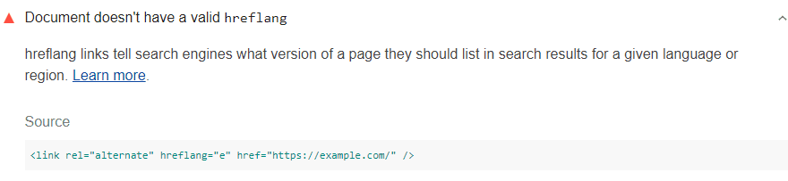 正しくない hreflang リンクが表示されている Lighthouse 監査
