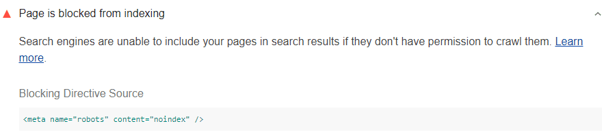 Lighthouse audit showing search engines can't index your page