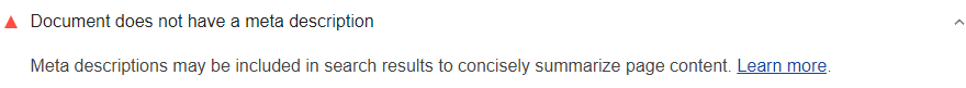 ドキュメントにメタ ディスクリプションがないことを示す Lighthouse の監査