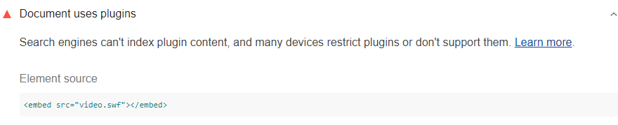 लाइटहाउस ऑडिट में दिख रहा है कि दस्तावेज़ में प्लगिन का इस्तेमाल किया जाता है