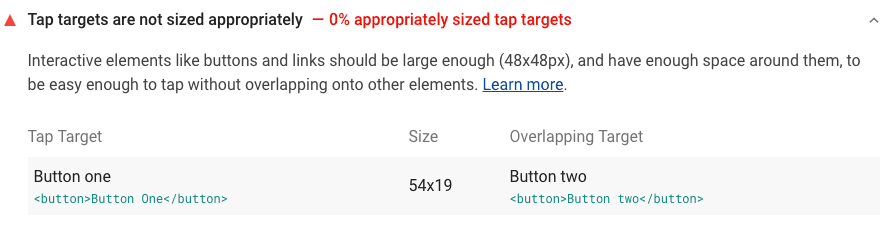 Lighthouse audit showing inappropriately sized tap targets