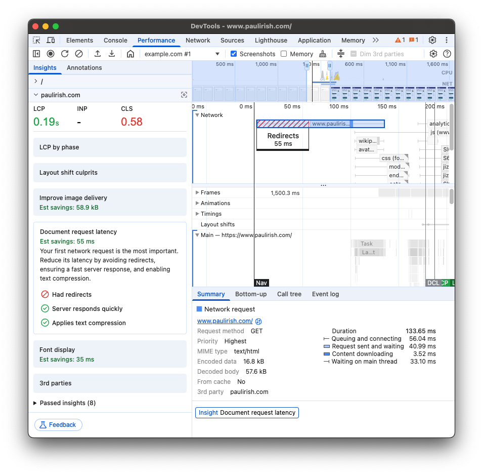 Devtools گزارش می دهد که تاخیر سند را می توان با حذف تغییر مسیرها کاهش داد
