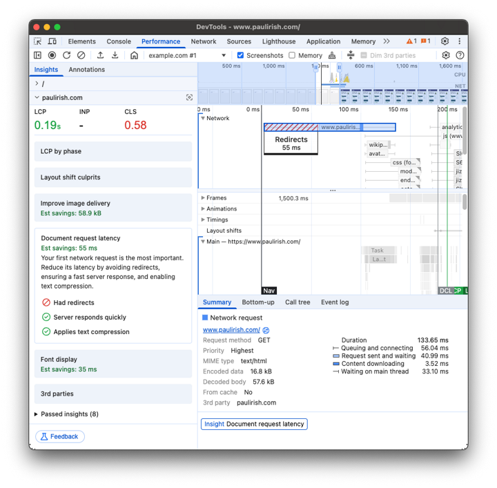 ドキュメント リクエストのレイテンシ | Performance insights | Chrome for Developers