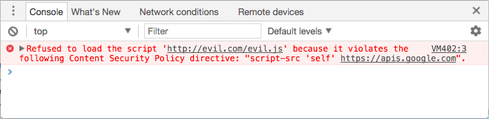 कंसोल में गड़बड़ी: स्क्रिप्ट 'http://evil.example.com/evil.js' को लोड करने से इनकार किया गया, क्योंकि यह कॉन्टेंट की सुरक्षा से जुड़ी नीति के इस निर्देश का उल्लंघन करती है: script-src 'self' https://apis.google.com
