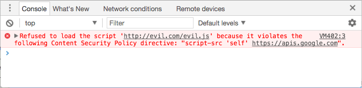 Error de la consola: Se rechazó la carga de la secuencia de comandos &quot;http://evil.example.com/evil.js&quot; porque infringe la siguiente directiva de la Política de Seguridad del Contenido: script-src &#39;self&#39; https://apis.google.com