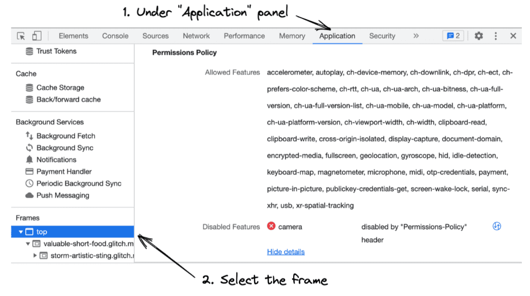 Chrome DevTools integration with Permissions Policy