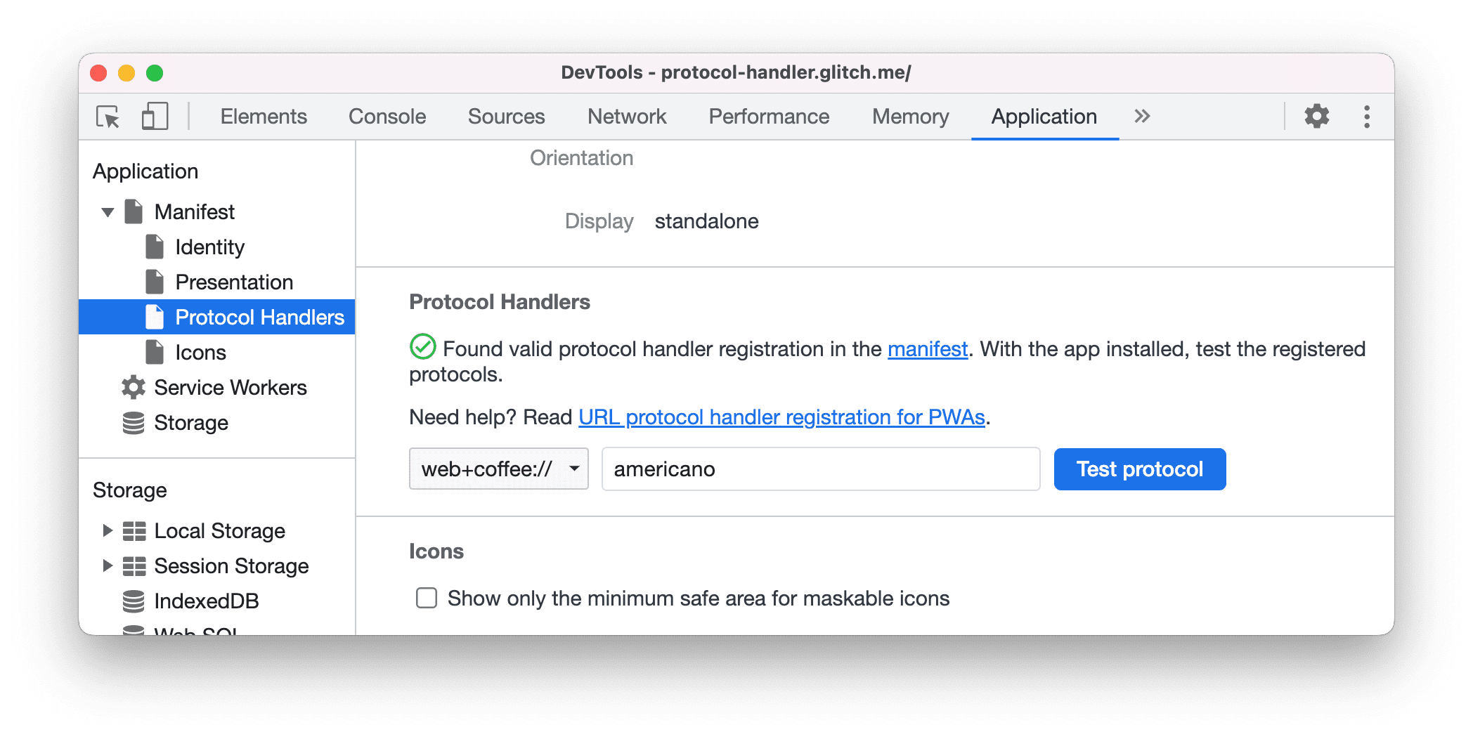 Pengendali protokol di panel Manifest