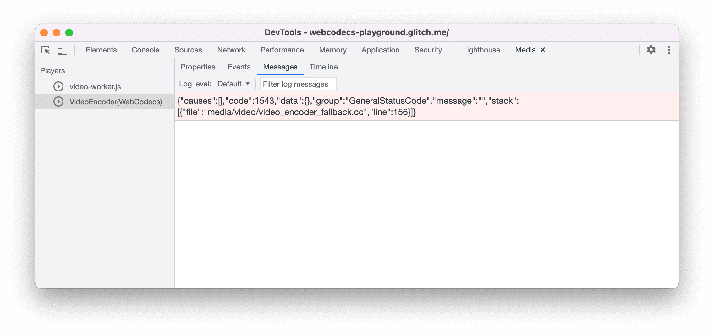لقطة شاشة "لوحة الوسائط" لتصحيح أخطاء WebCodecs
