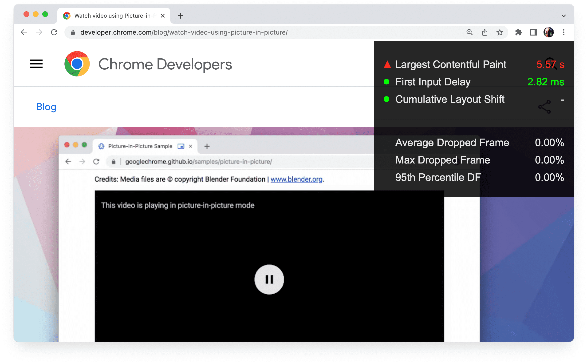 Página do Chrome com o heads-up display ativado.
