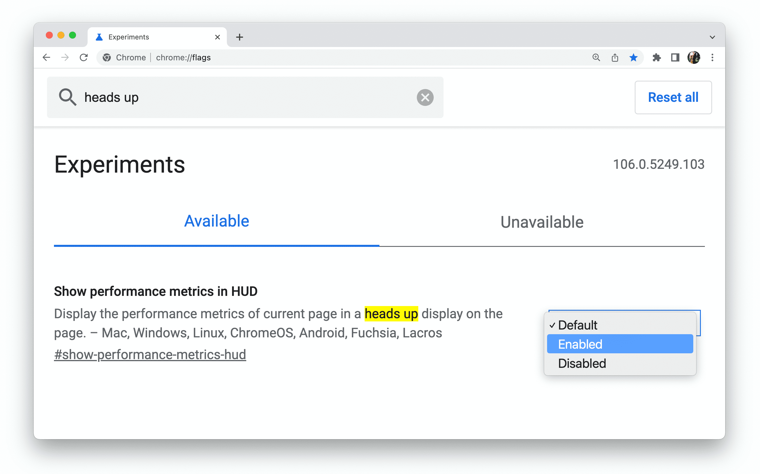 Pagina chrome://flags con il flag HUD attivato.