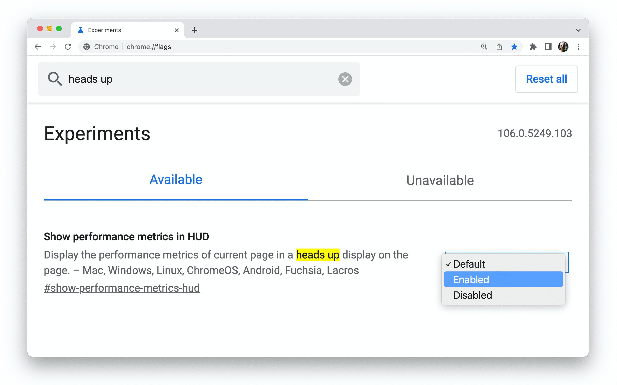 chrome://flags page
with HUD flag set to default.