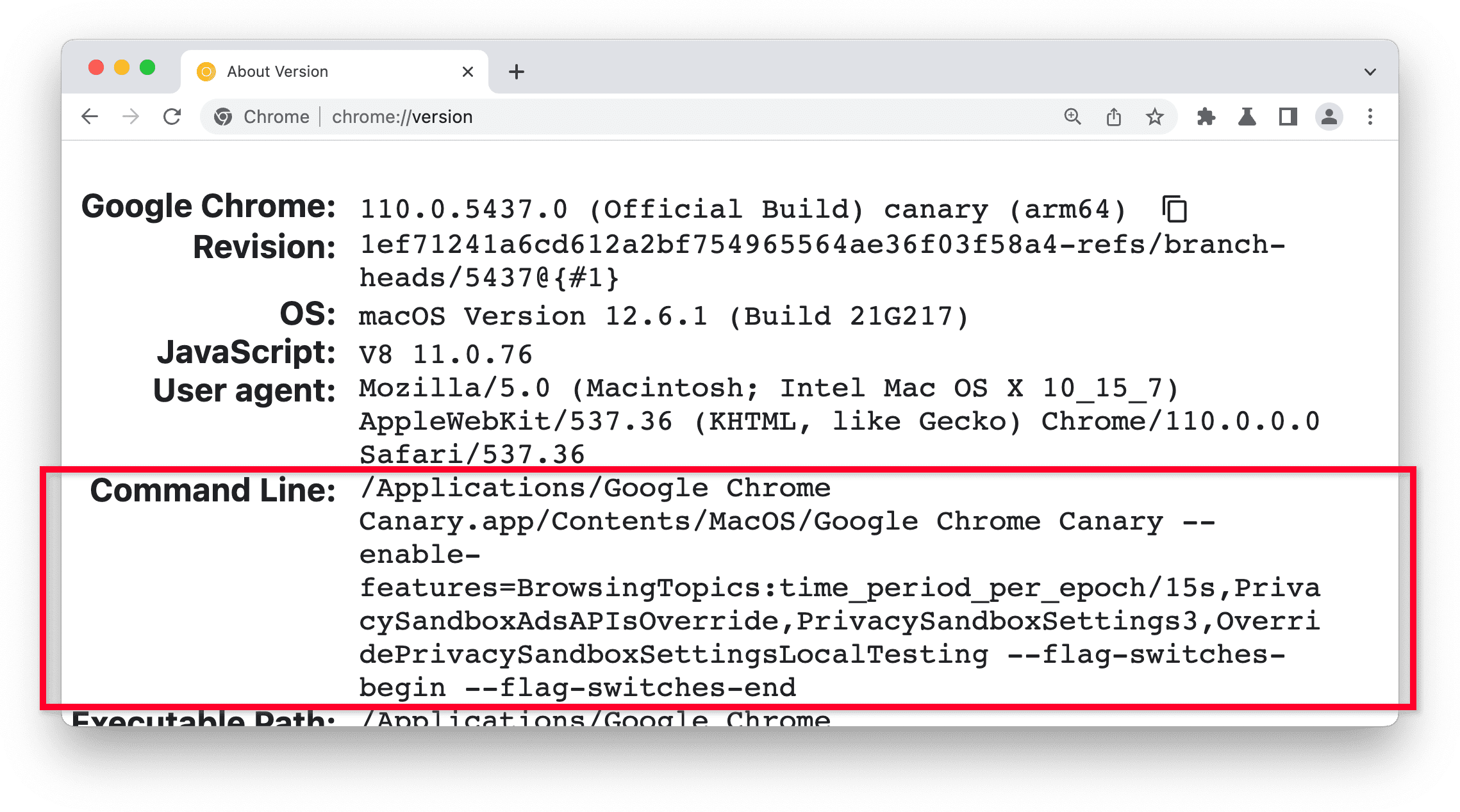 chrome://version page in Chrome Canary, Command Line section highlighted.