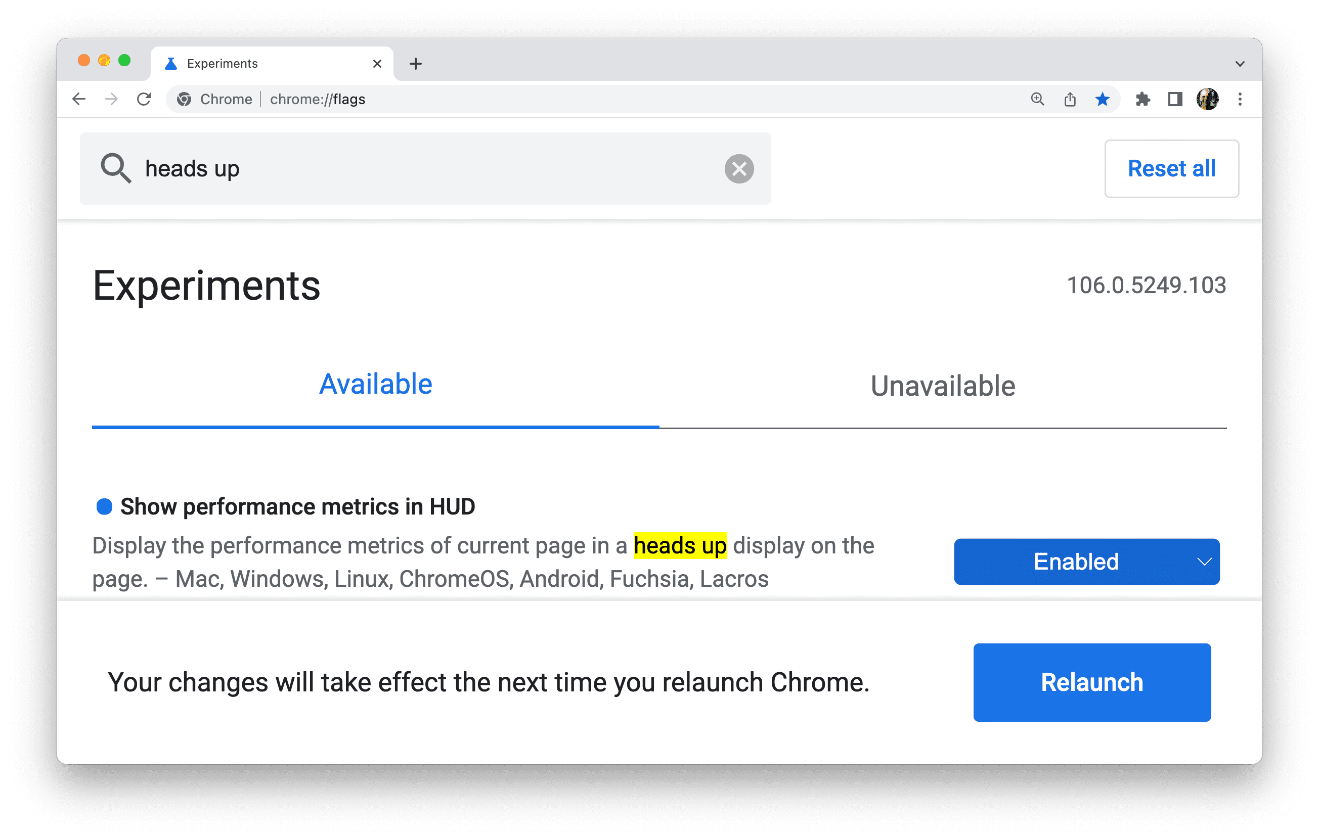 Once you've updated a flag, Chrome will prompt you to relaunch the browser..