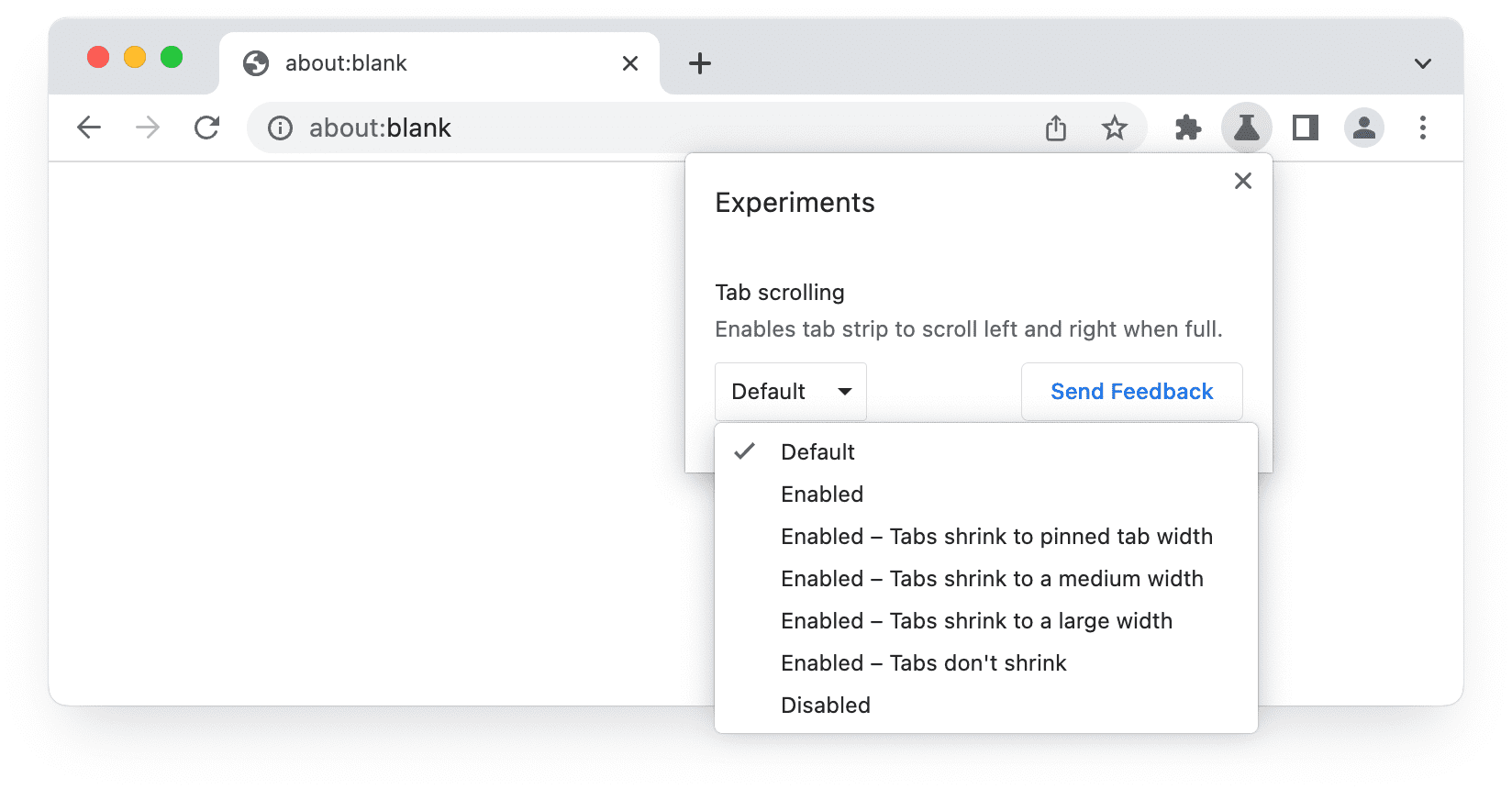 Capture d&#39;écran de l&#39;interface utilisateur des tests dans la version bêta de Chrome, montrant les options de défilement de l&#39;onglet.