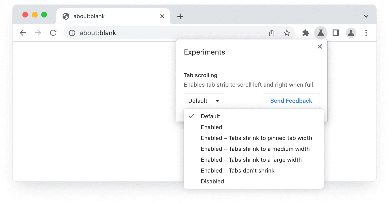 Chrome Beta 版「實驗」使用者介面的螢幕截圖，顯示分頁捲動選項。